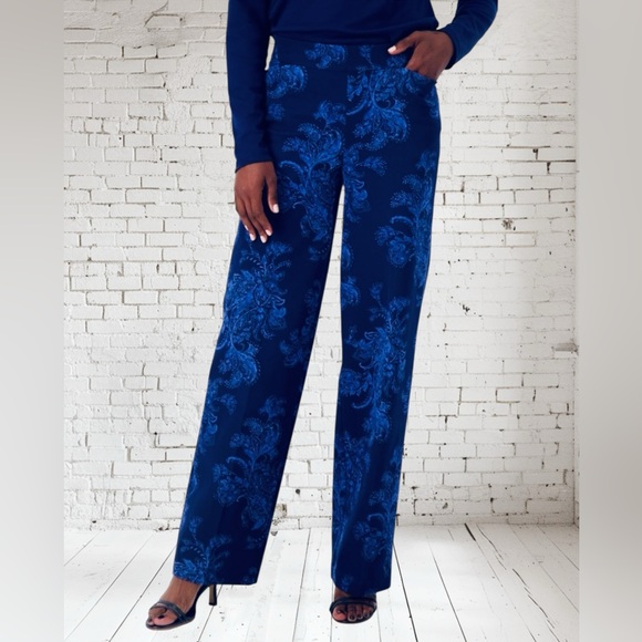 Isaac Mizrahi Navy Paisley Pants 0 Tall NWT | Sleek Printed Statement Style - Picture 2 of 3